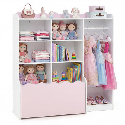 Kids Toy Storage Organizer with Clothing Rack 6 Cubes and Movable Drawer-Pink