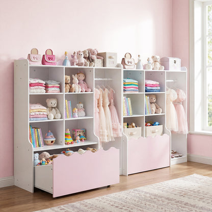 Kids Toy Storage Organizer with Clothing Rack 6 Cubes and Movable Drawer-Pink