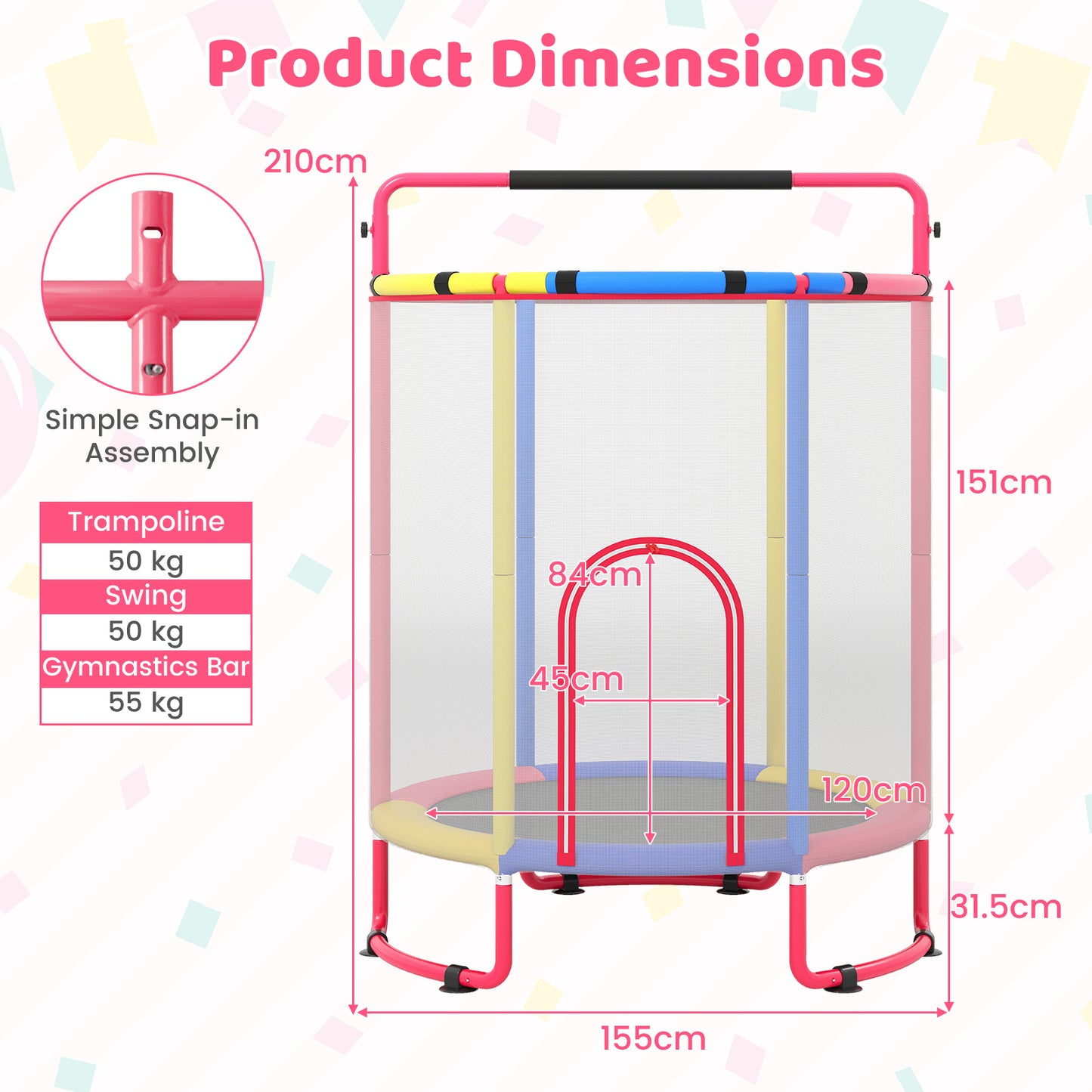 Kids Trampoline with Safety Net for Indoor and Outdoor Use-Multicolor