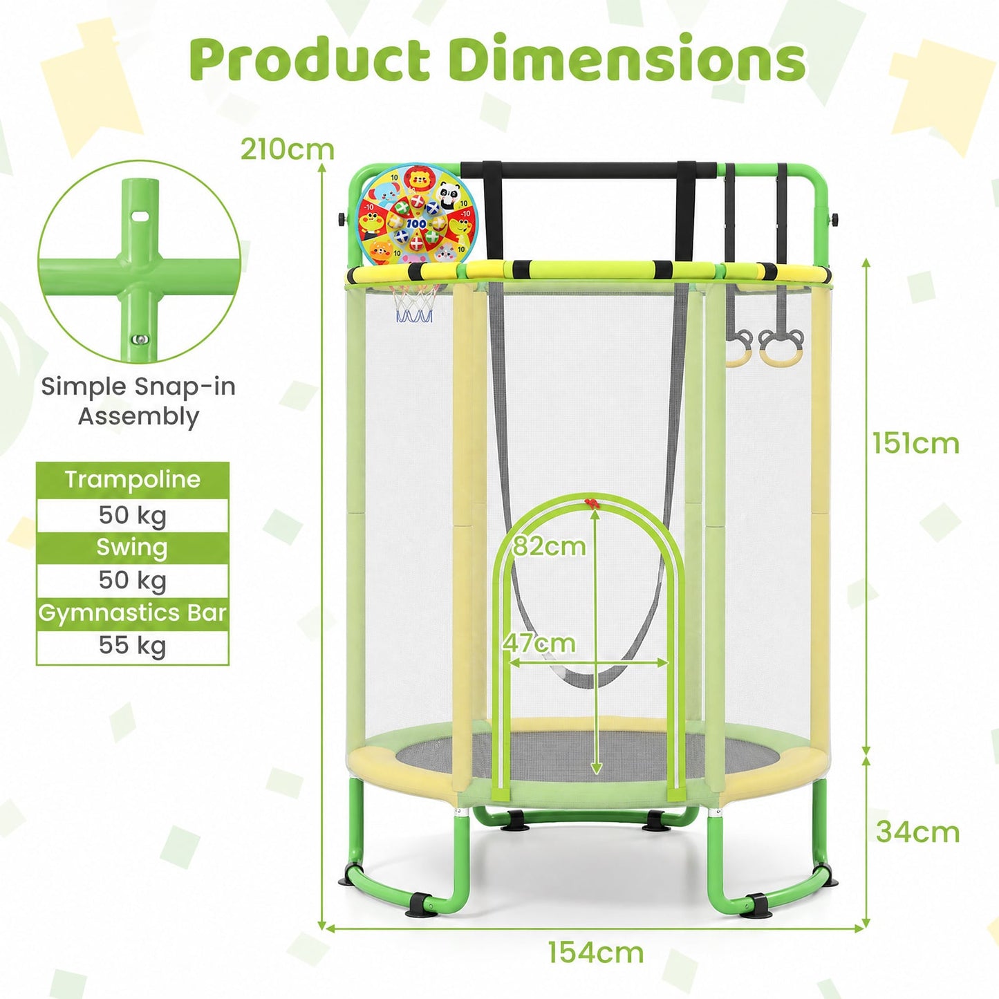 Kids Trampoline with Safety Net for Indoor and Outdoor Use-Yellow and Green