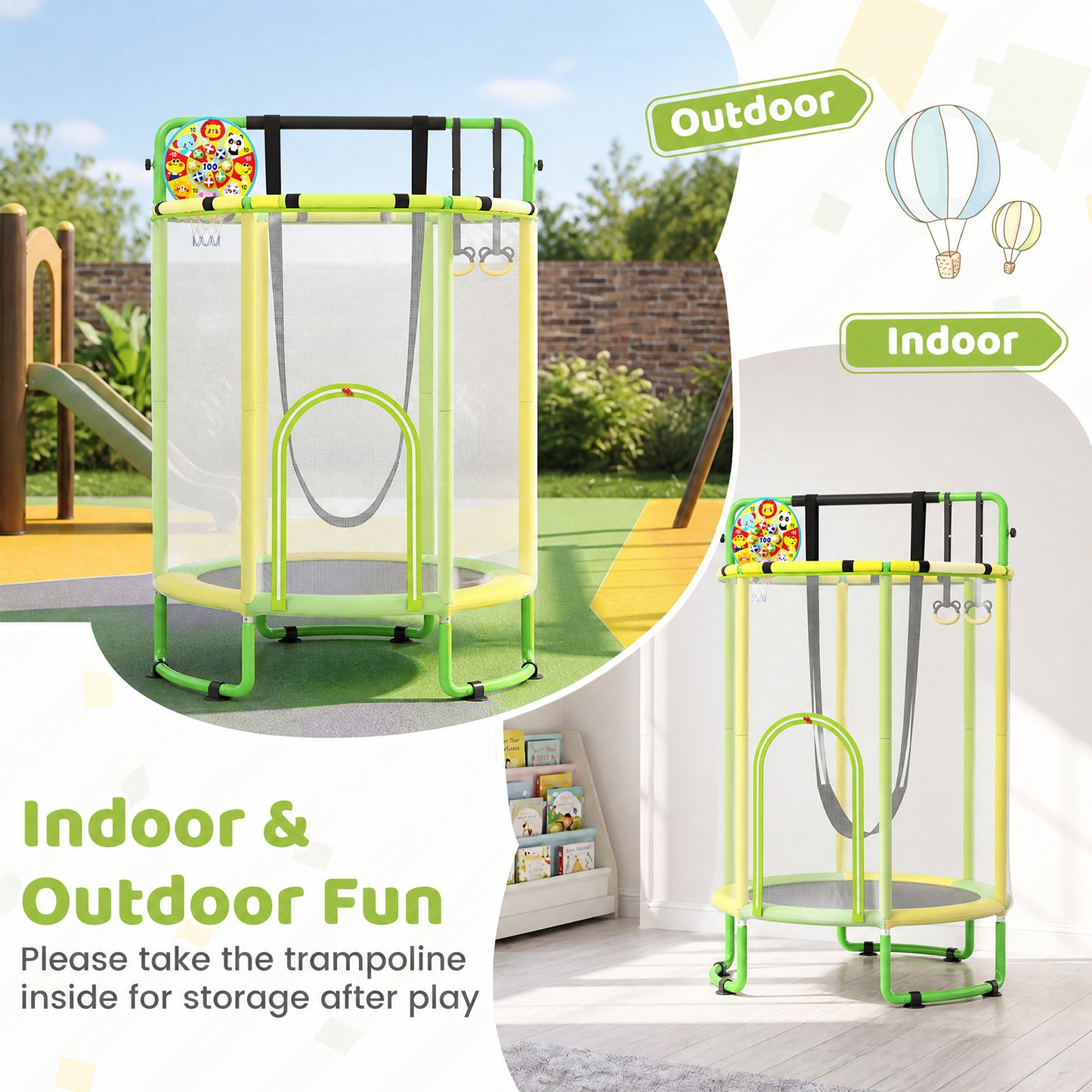 Kids Trampoline with Safety Net for Indoor and Outdoor Use-Yellow and Green