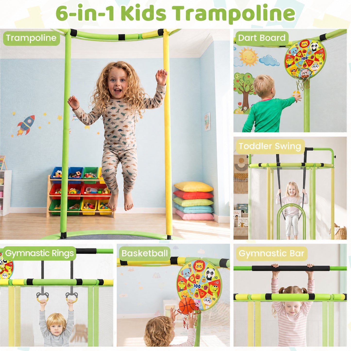 Kids Trampoline with Safety Net for Indoor and Outdoor Use-Yellow and Green