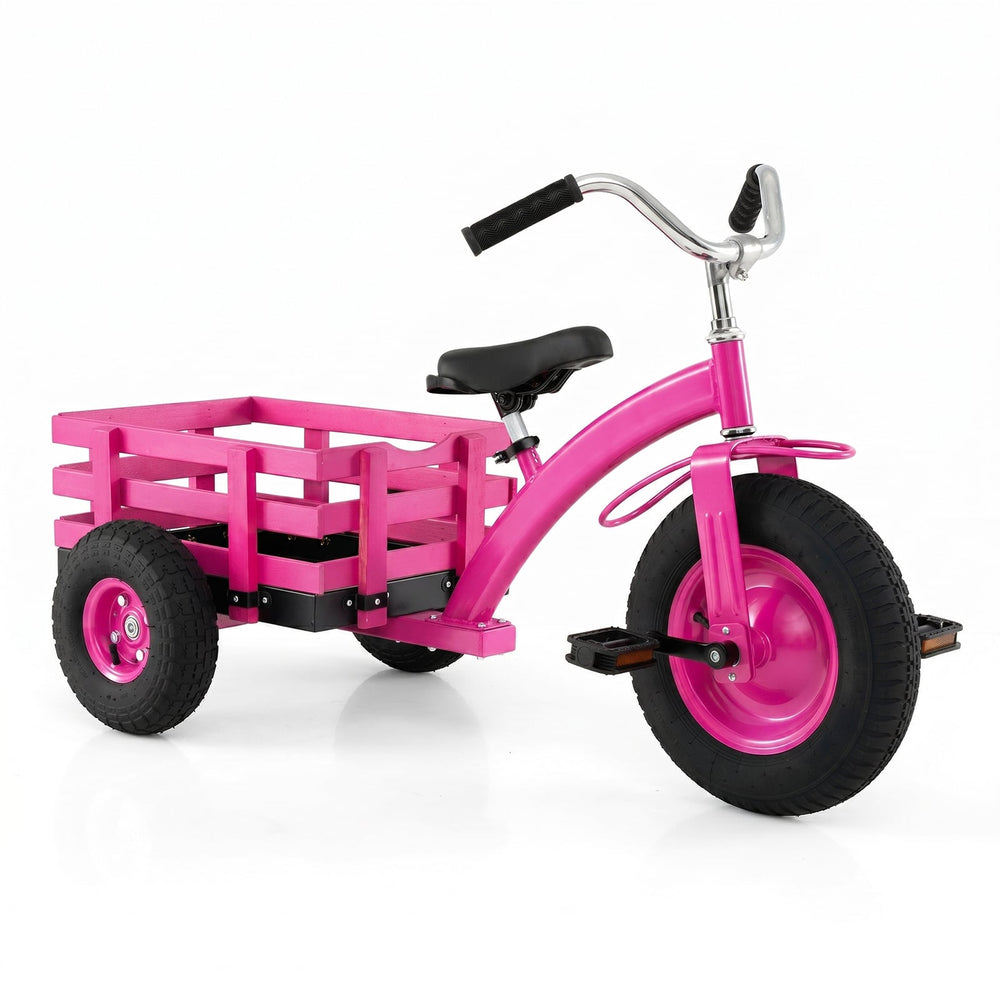 Kids Tricycle with Storage Basket and Inflatable Tires for Boys Girls Ages 3+-Pink
