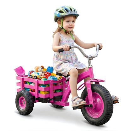 Kids Tricycle with Storage Basket and Inflatable Tires for Boys Girls Ages 3+-Pink