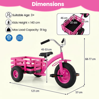 Kids Tricycle with Storage Basket and Inflatable Tires for Boys Girls Ages 3+-Pink