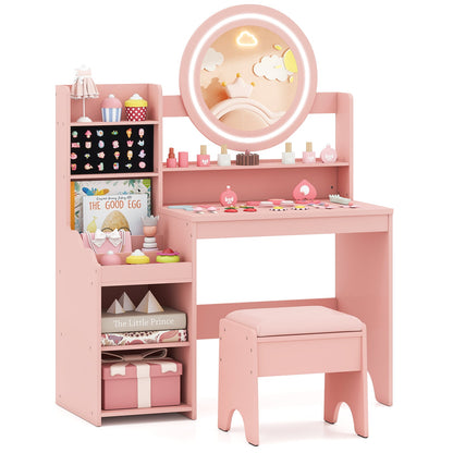 Kids Vanity Desk Princess Pretend Play Dressing Table Set with Mirror and Lights-Pink
