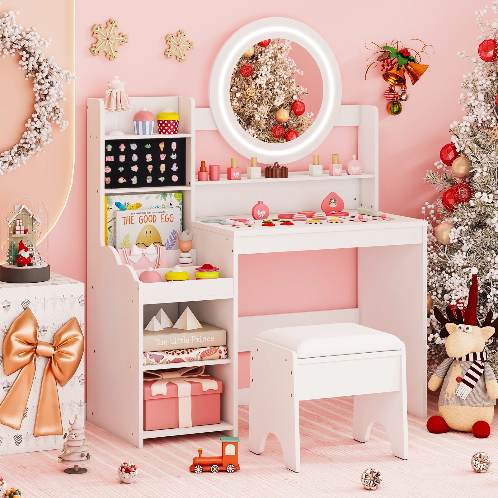 Kids Vanity Desk Princess Pretend Play Dressing Table Set with Mirror and Lights-White
