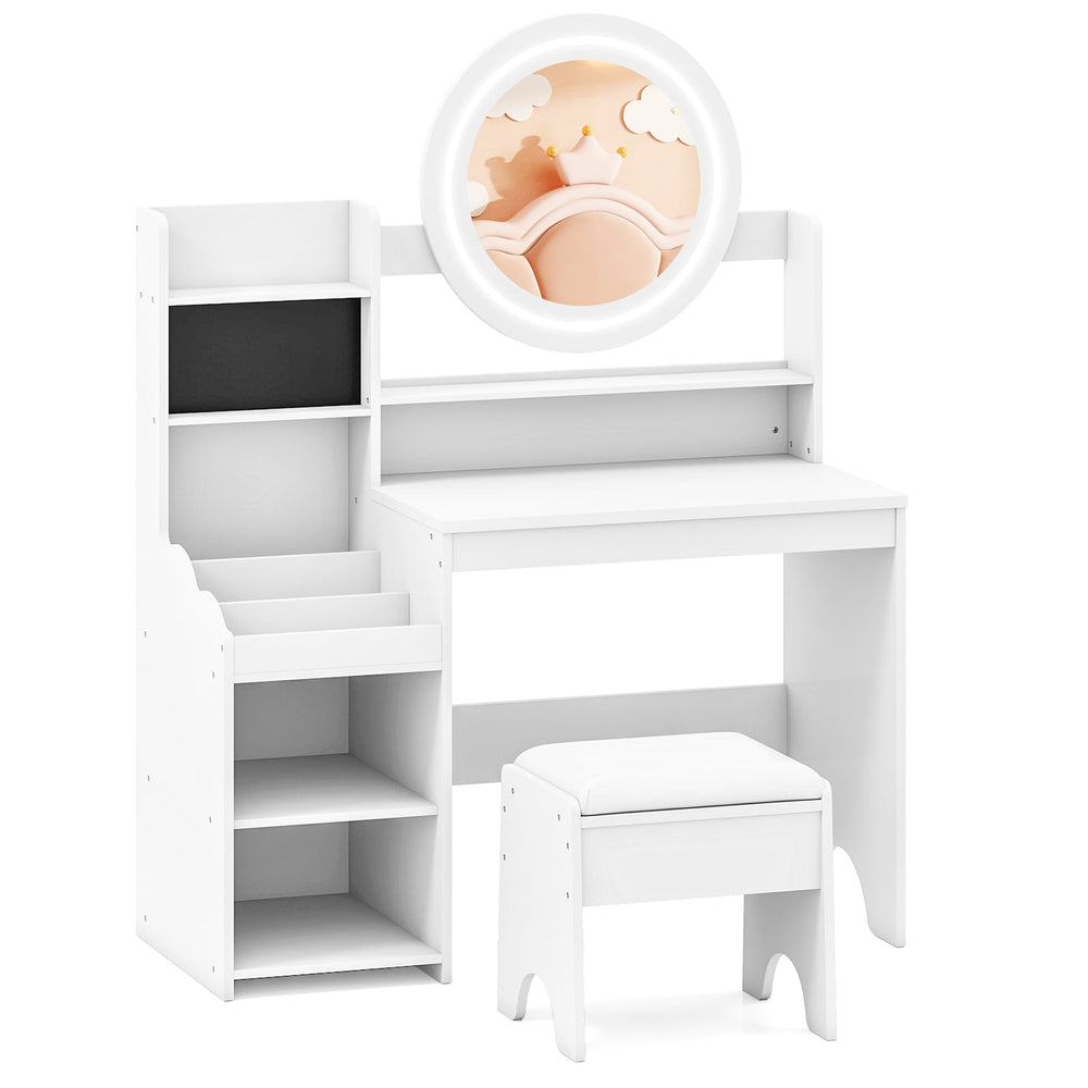 Kids Vanity Desk Princess Pretend Play Dressing Table Set with Mirror and Lights-White