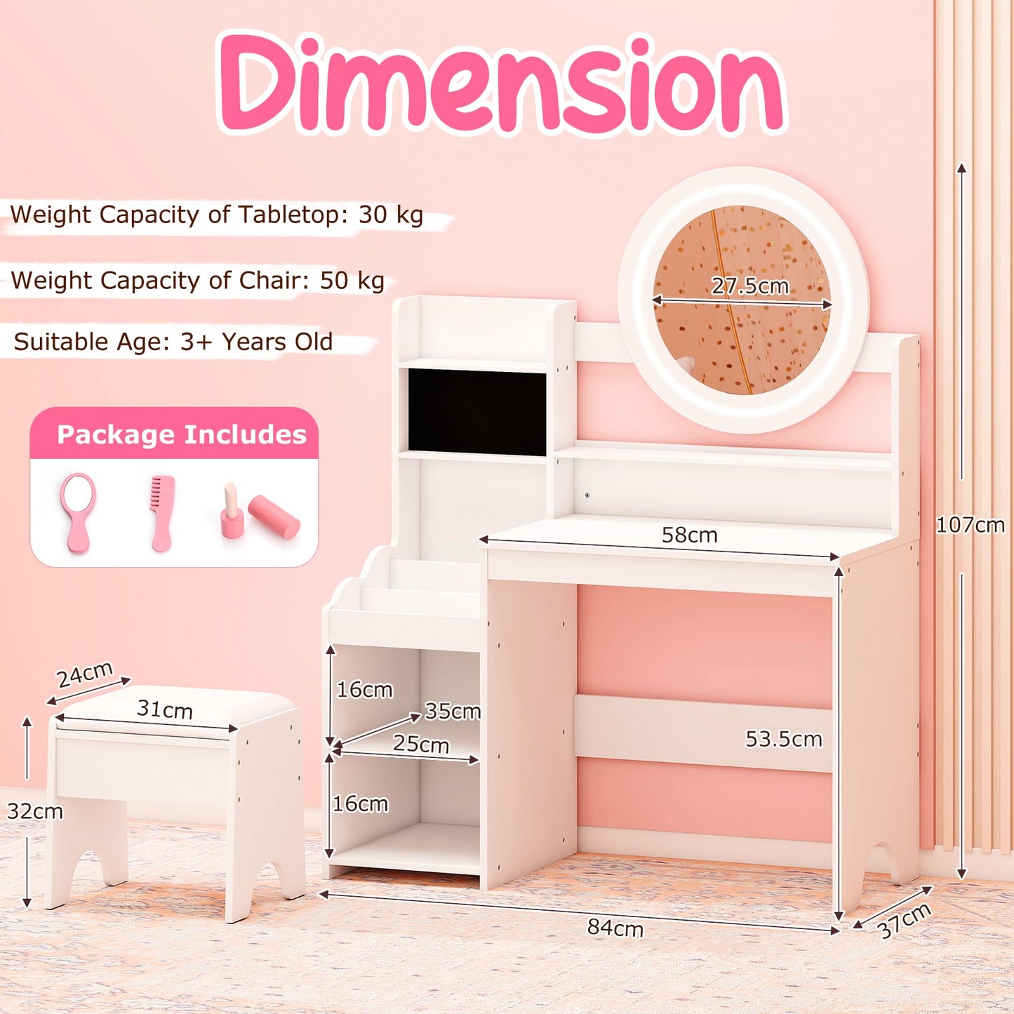Kids Vanity Desk Princess Pretend Play Dressing Table Set with Mirror and Lights-White