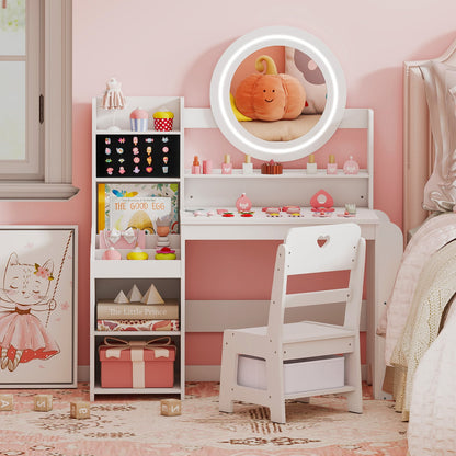 Kids Vanity Desk with Mirror Bookshelf and Lights Princess Pretend Play Dressing Table and Chair Set-White