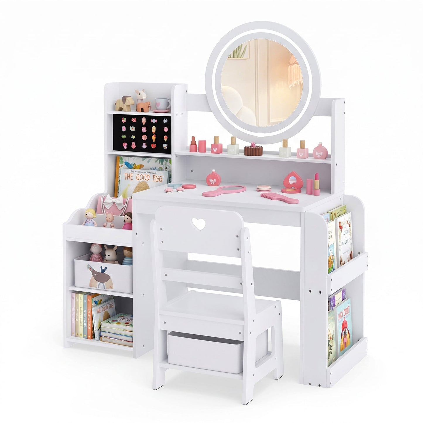 Kids Vanity Desk with Mirror Bookshelf and Lights Princess Pretend Play Dressing Table and Chair Set-White