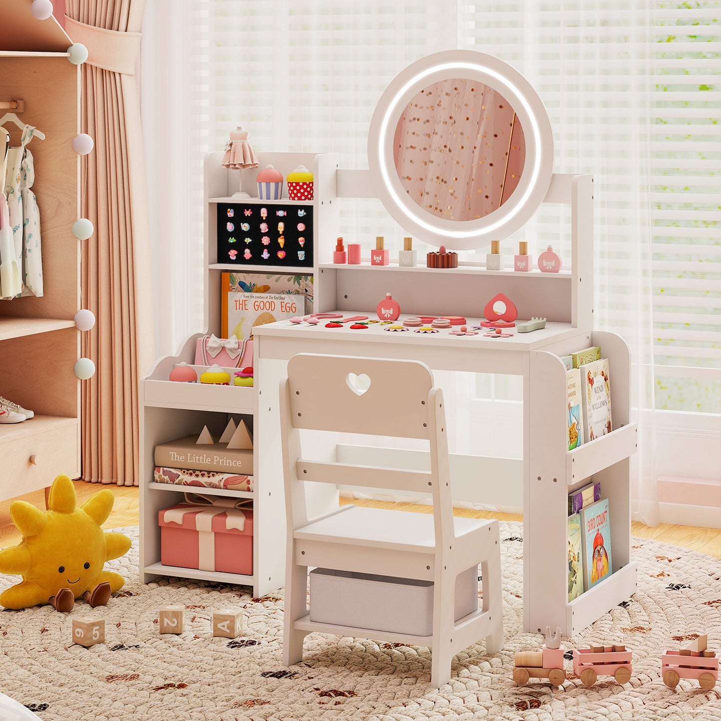 Kids Vanity Desk with Mirror Bookshelf and Lights Princess Pretend Play Dressing Table and Chair Set-White