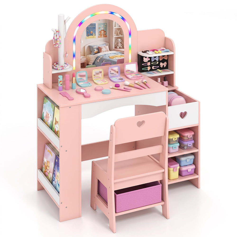 Kids Vanity Desk with Mirror Lights and Open Storage Shelves-Pink