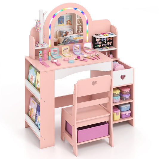 Kids Vanity Desk with Mirror Lights and Open Storage Shelves-Pink