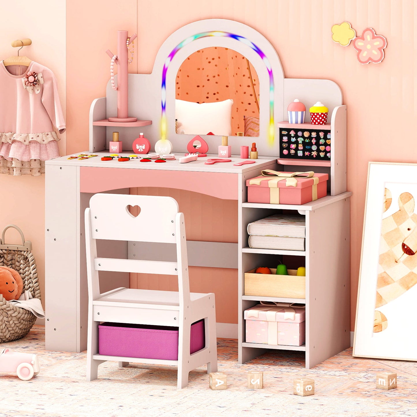 Kids Vanity Desk with Mirror and Open Storage Shelves-White