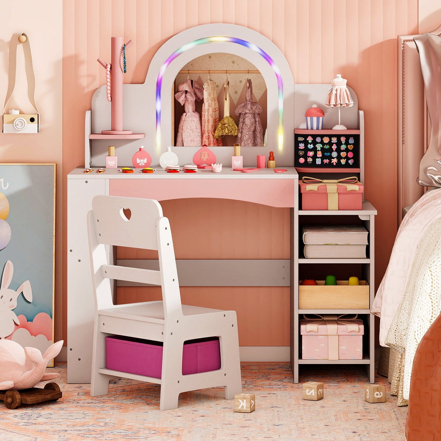 Kids Vanity Desk with Mirror and Open Storage Shelves-White