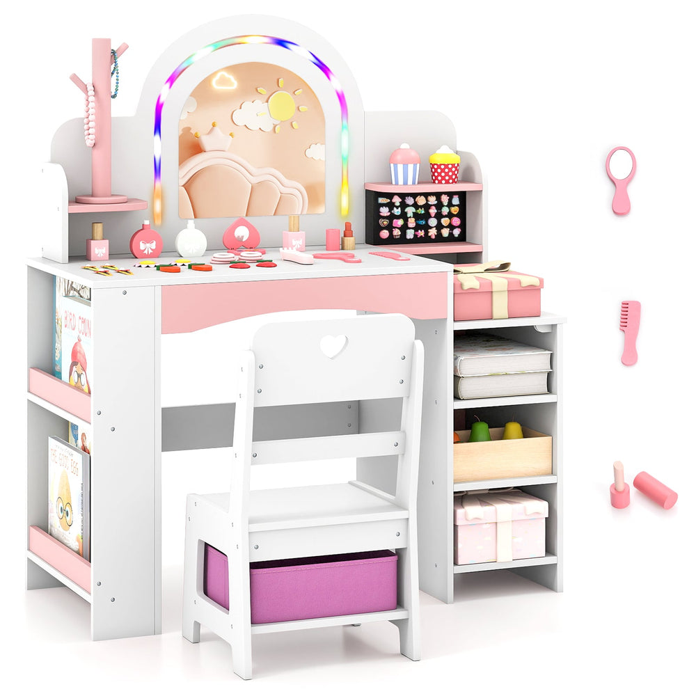 Kids Vanity Desk with Mirror and Open Storage Shelves-White