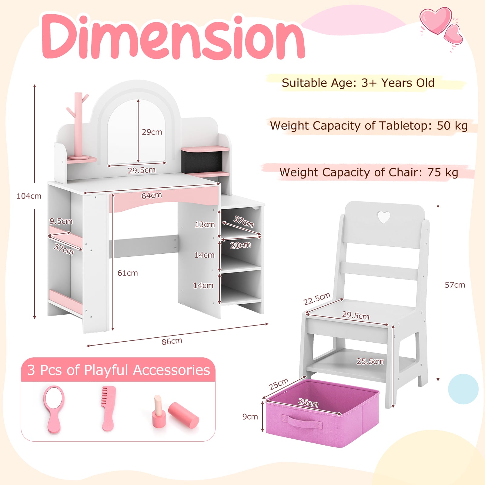 Kids Vanity Desk with Mirror and Open Storage Shelves-White