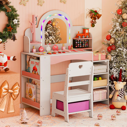 Kids Vanity Desk with Mirror and Open Storage Shelves-White