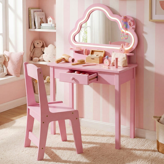Kids Vanity Set with Lighted Cloud Mirror & Stool and Jewelry Rack for Girls-Pink