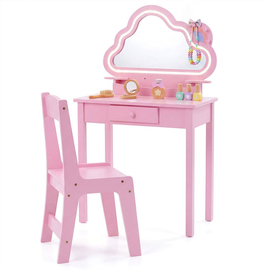 Kids Vanity Set with Lighted Cloud Mirror & Stool and Jewelry Rack for Girls-Pink