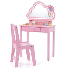 Kids Vanity Set with Lighted Cloud Mirror & Stool and Jewelry Rack for Girls-Pink