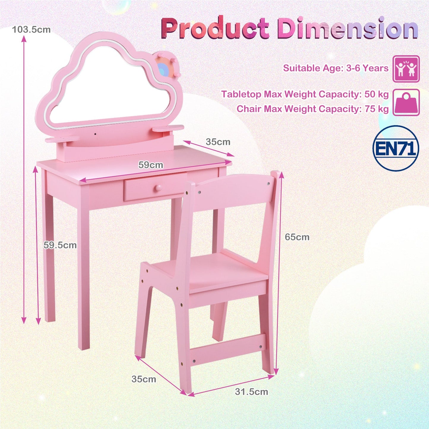 Kids Vanity Set with Lighted Cloud Mirror & Stool and Jewelry Rack for Girls-Pink