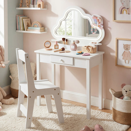 Kids Vanity Set with Lighted Cloud Mirror & Stool and Jewelry Rack for Girls-White
