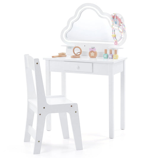 Kids Vanity Set with Lighted Cloud Mirror & Stool and Jewelry Rack for Girls-White