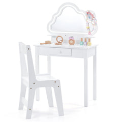 Kids Vanity Set with Lighted Cloud Mirror & Stool and Jewelry Rack for Girls-White