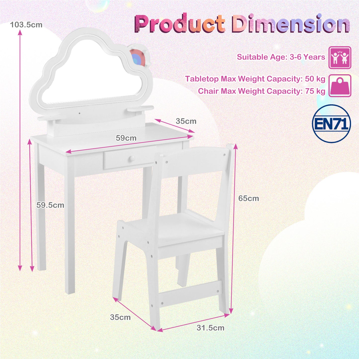 Kids Vanity Set with Lighted Cloud Mirror & Stool and Jewelry Rack for Girls-White