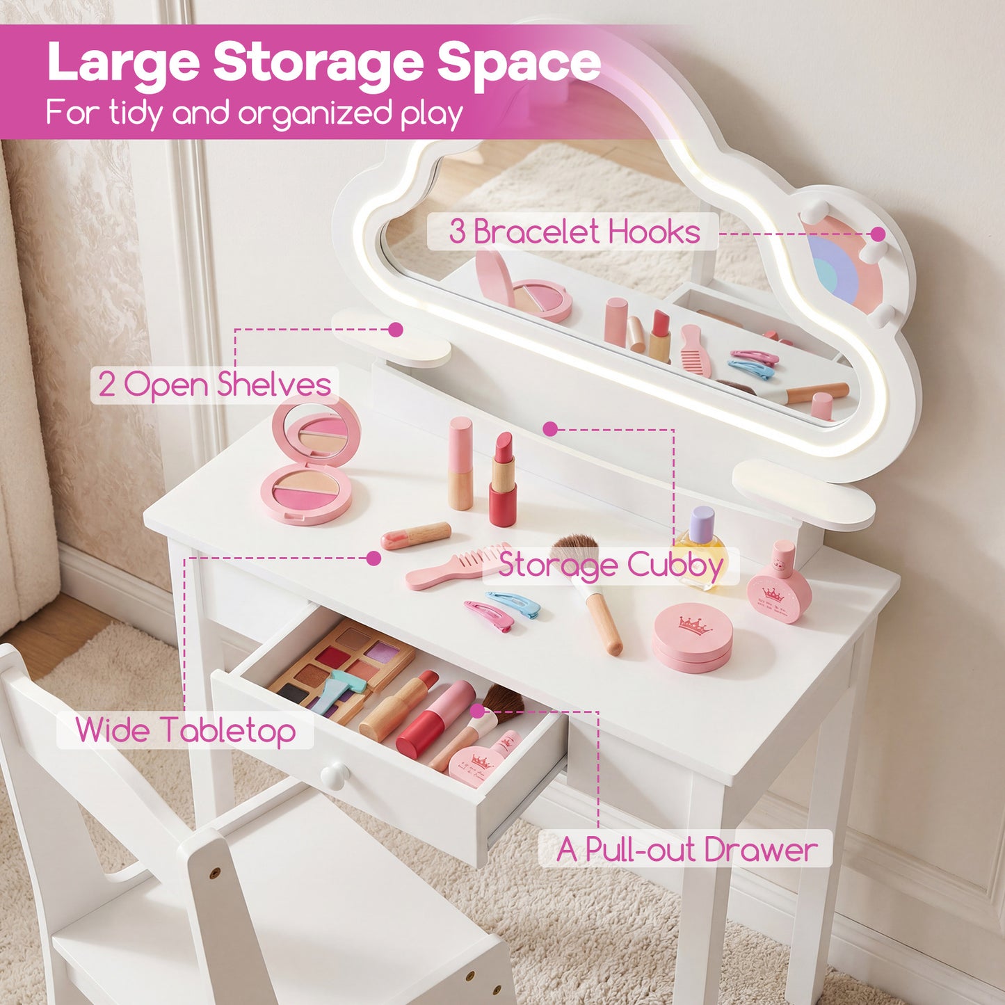 Kids Vanity Set with Lighted Cloud Mirror & Stool and Jewelry Rack for Girls-White