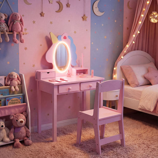 Kids Vanity Set with Lighted Unicorn Mirror & Stool and Jewelry Rack for Girls-Pink