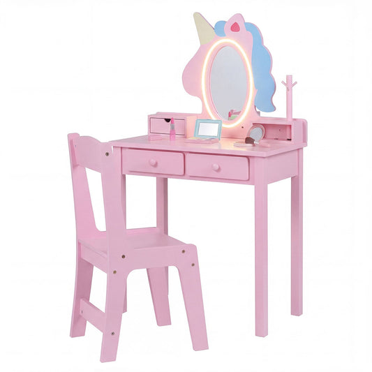 Kids Vanity Set with Lighted Unicorn Mirror & Stool and Jewelry Rack for Girls-Pink