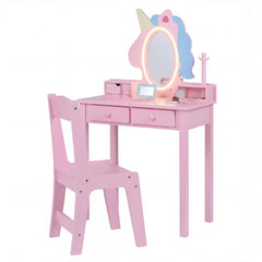 Kids Vanity Set with Lighted Unicorn Mirror & Stool and Jewelry Rack for Girls-Pink