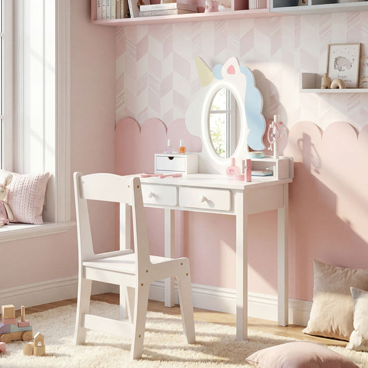 Kids Vanity Set with Lighted Unicorn Mirror & Stool and Jewelry Rack for Girls-White