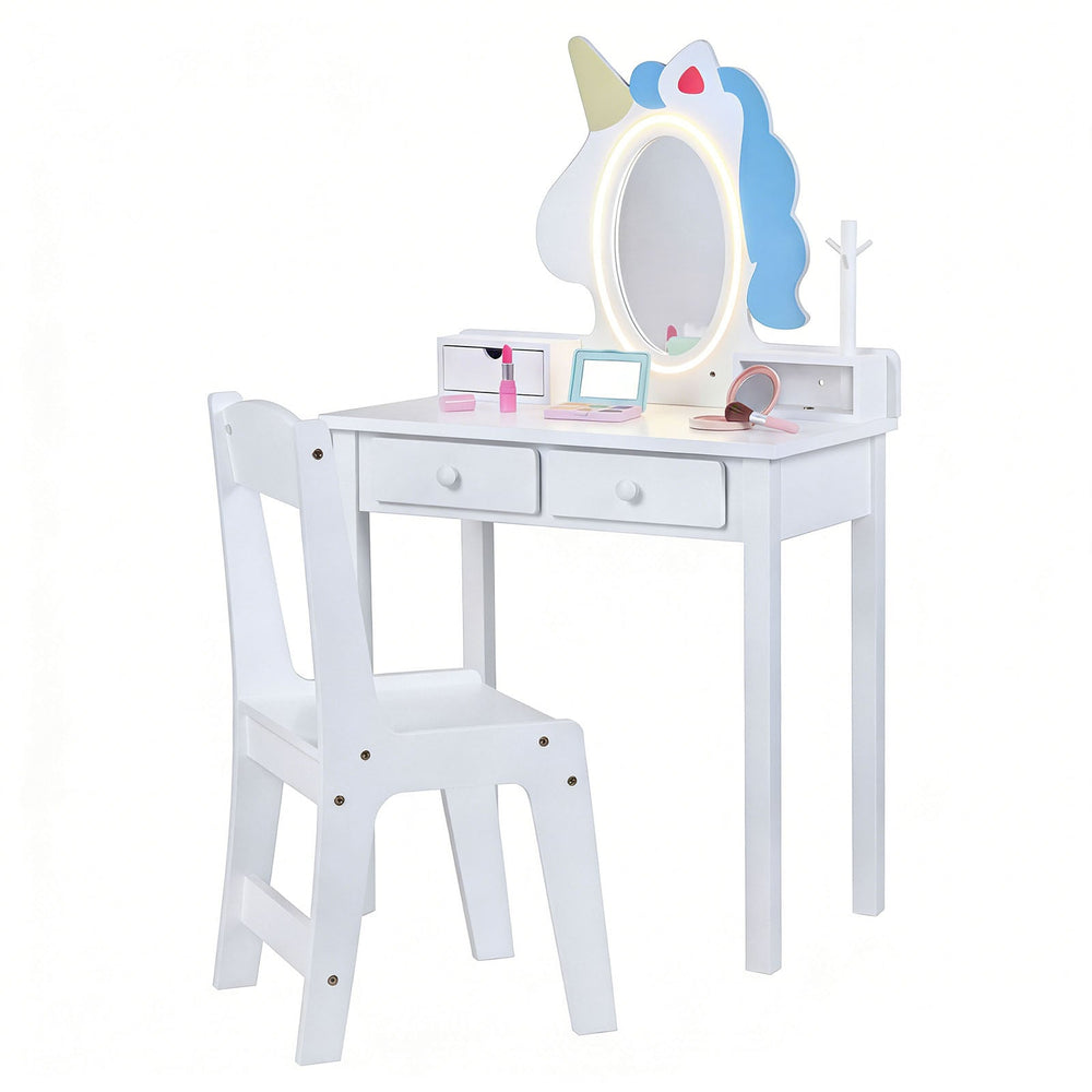 Kids Vanity Set with Lighted Unicorn Mirror & Stool and Jewelry Rack for Girls-White
