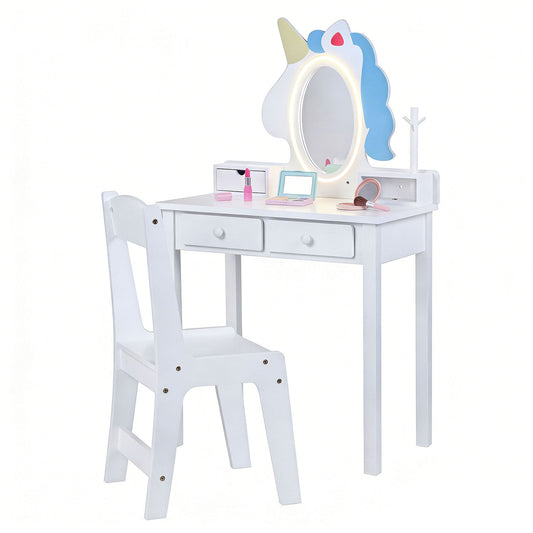Kids Vanity Set with Lighted Unicorn Mirror & Stool and Jewelry Rack for Girls-White