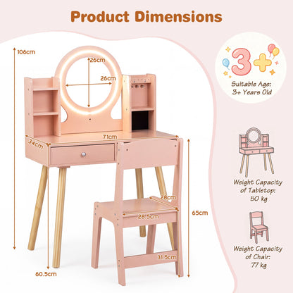 Kids Vanity Set with Lights Princess Vanity Desk Set with LED Lighted Mirror Storage Shelves-Pink