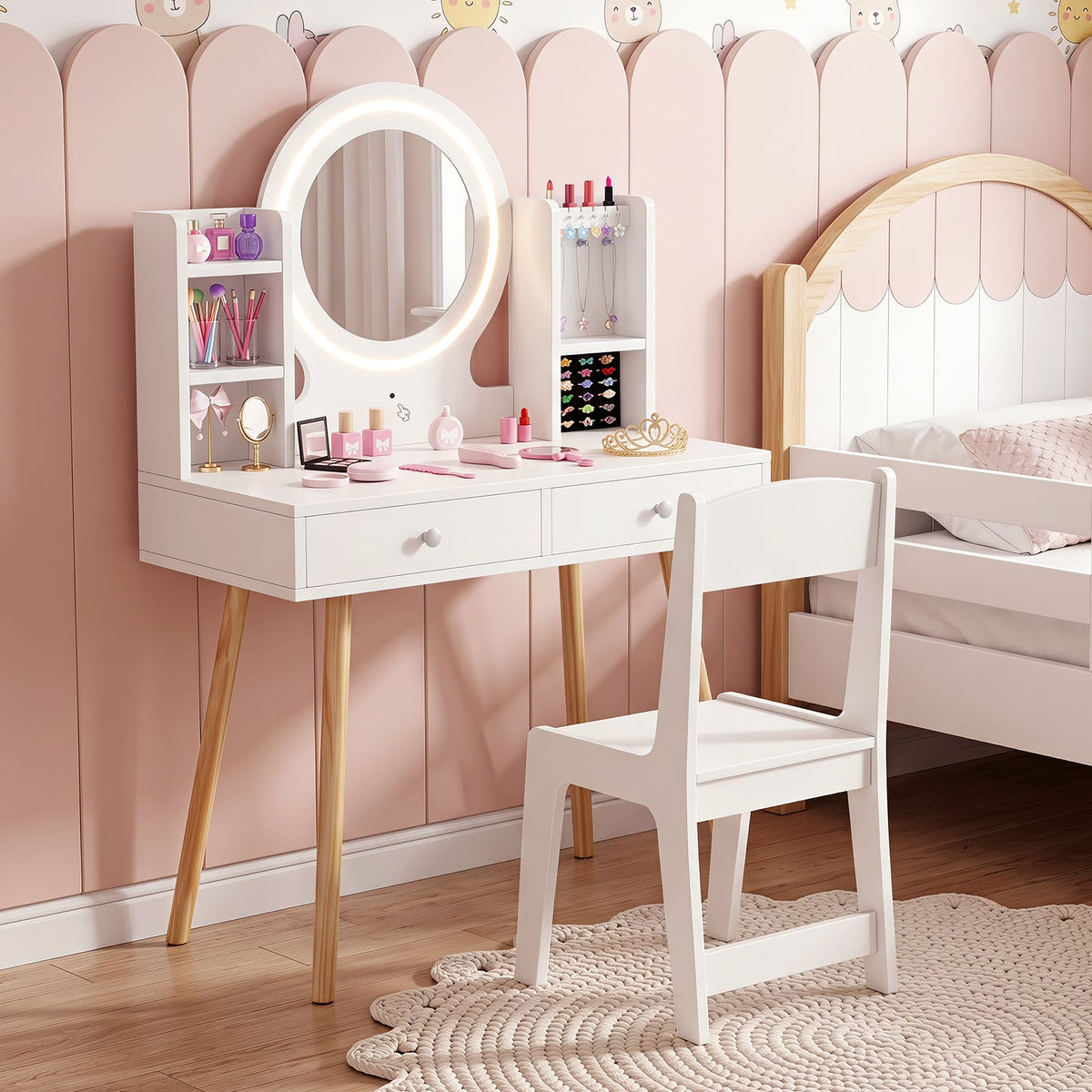 Kids Vanity Set with Lights Princess Vanity Desk Set with LED Lighted Mirror Storage Shelves-White