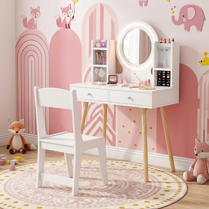 Kids Vanity Set with Lights Princess Vanity Desk Set with LED Lighted Mirror Storage Shelves-White
