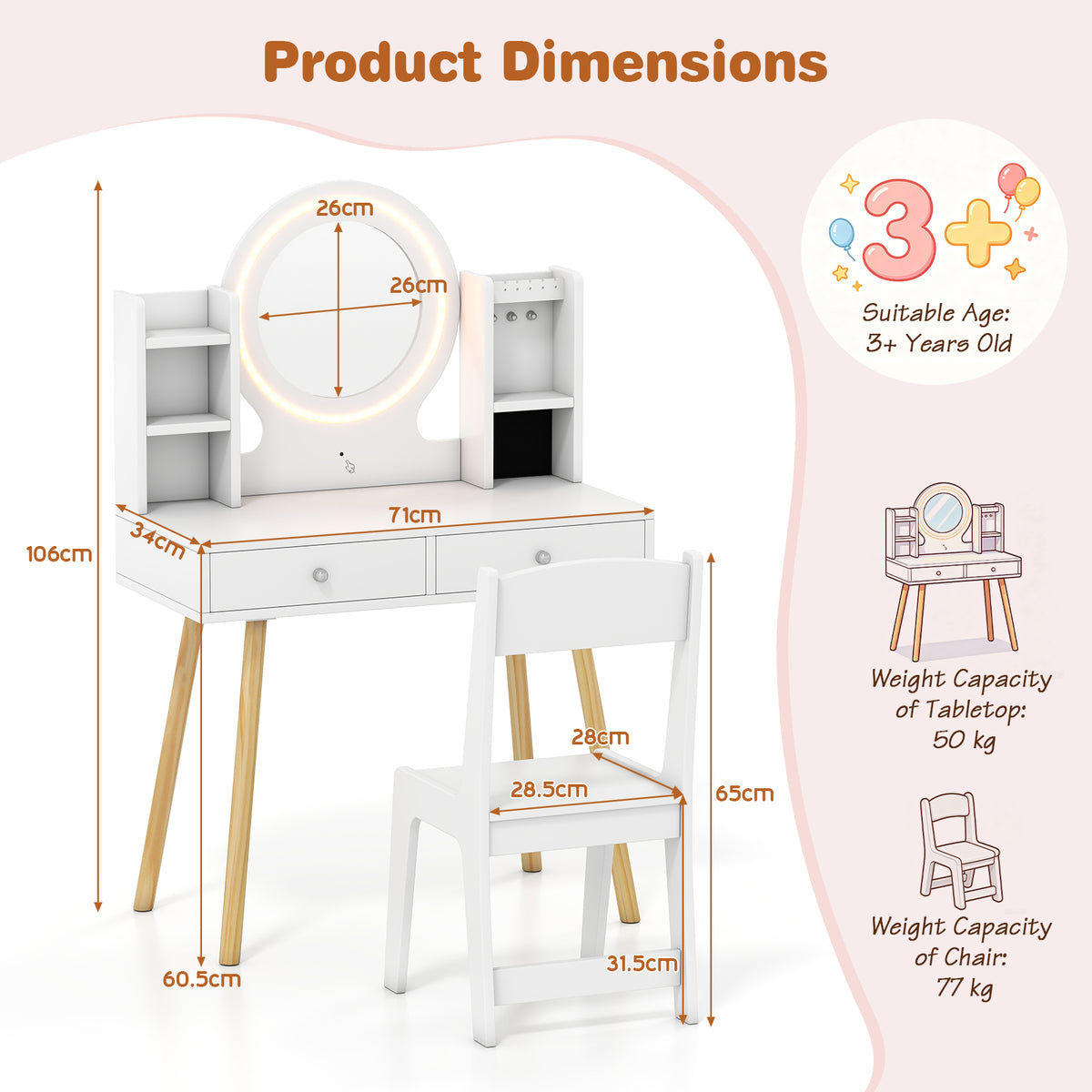 Kids Vanity Set with Lights Princess Vanity Desk Set with LED Lighted Mirror Storage Shelves-White