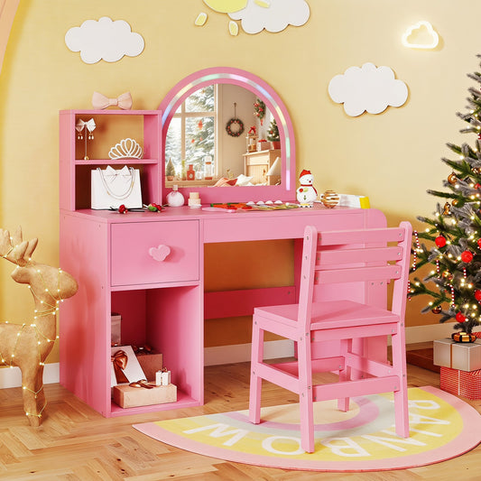 Kids Vanity Table and Chair Set with Lighted Mirror Open Storage Shelves-Sakura Pink