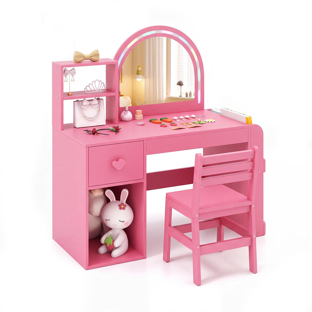 Kids Vanity Table and Chair Set with Lighted Mirror Open Storage Shelves-Sakura Pink