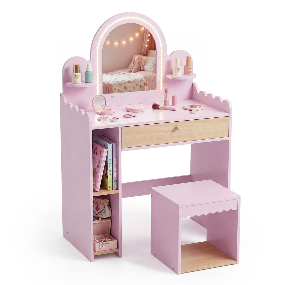 Kids Vanity with Lights and Storage Drawer with Chair for Ages 3+-Pink