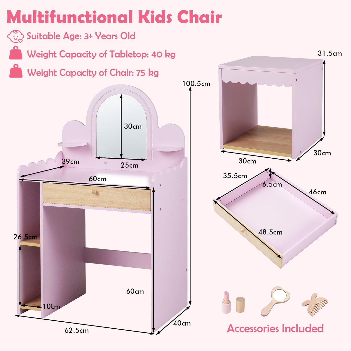 Kids Vanity with Lights and Storage Drawer with Chair for Ages 3+-Pink