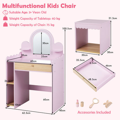 Kids Vanity with Lights and Storage Drawer with Chair for Ages 3+-Pink