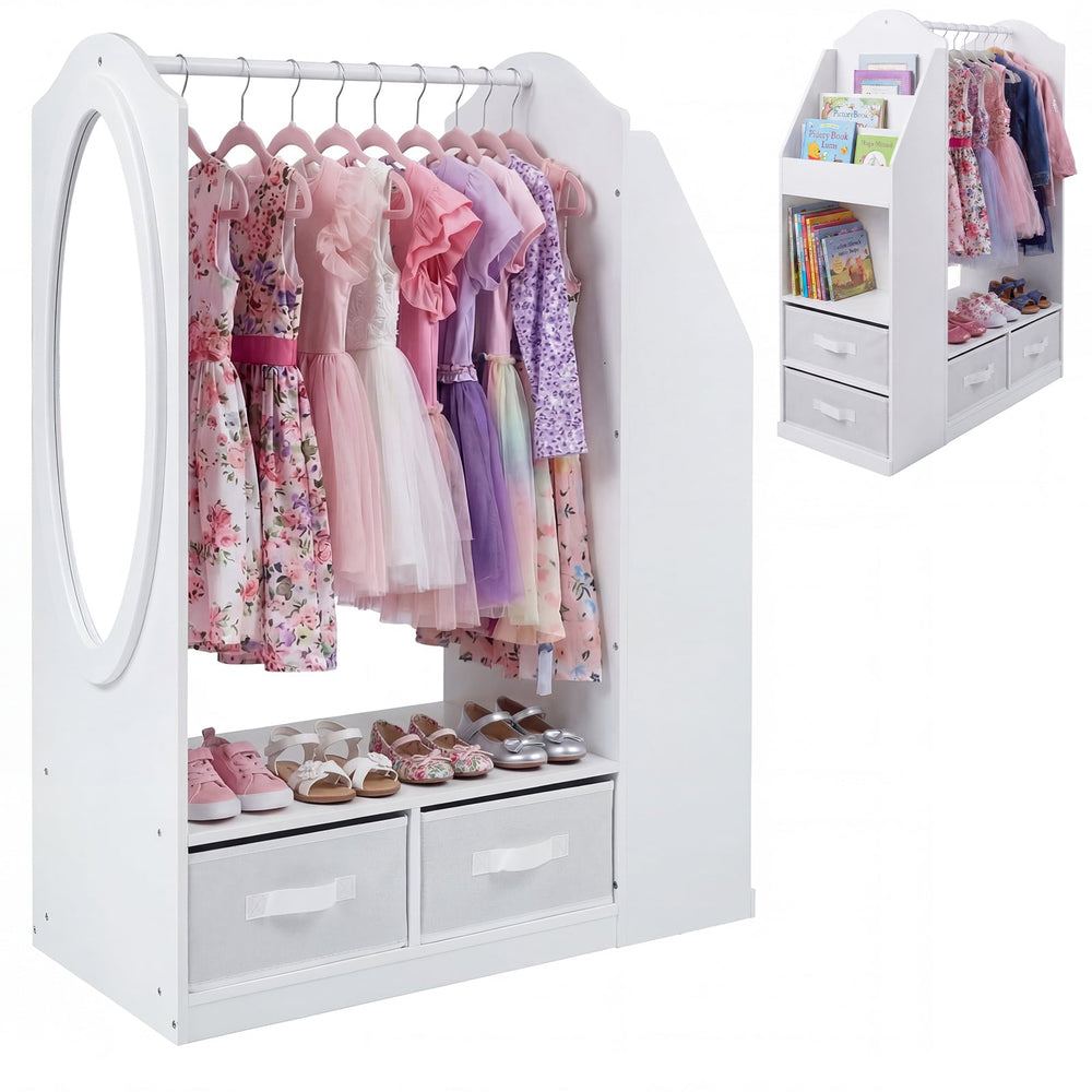 Kids Wardrobe with Full-Length Mirror Dress Up Storage Cabinet with Hanging Rack Bookshelf-White