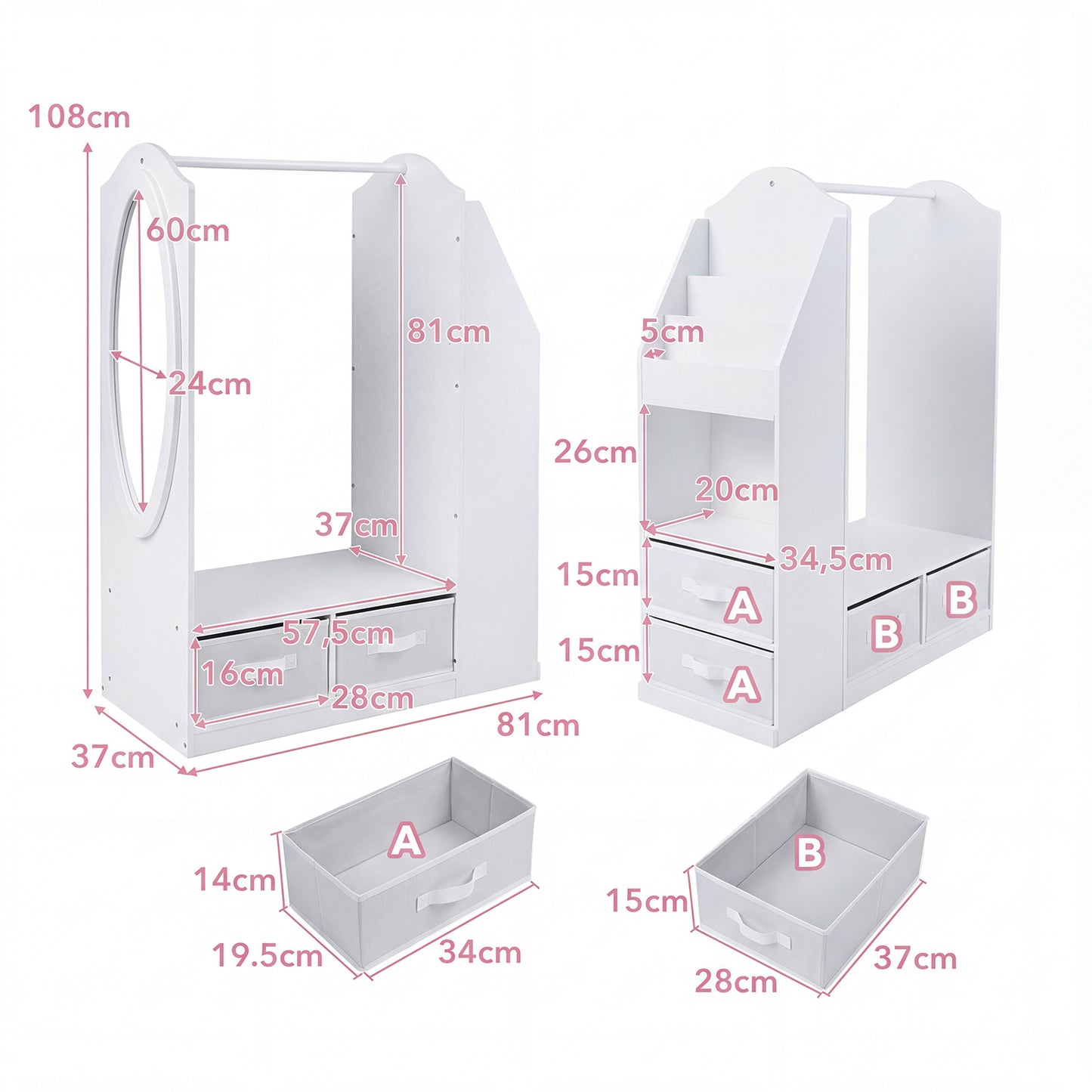 Kids Wardrobe with Full-Length Mirror Dress Up Storage Cabinet with Hanging Rack Bookshelf-White