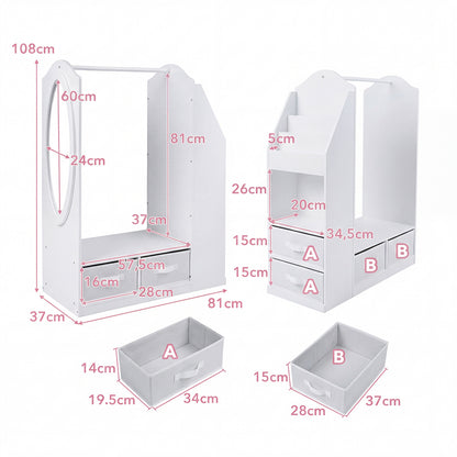 Kids Wardrobe with Full-Length Mirror Dress Up Storage Cabinet with Hanging Rack Bookshelf-White
